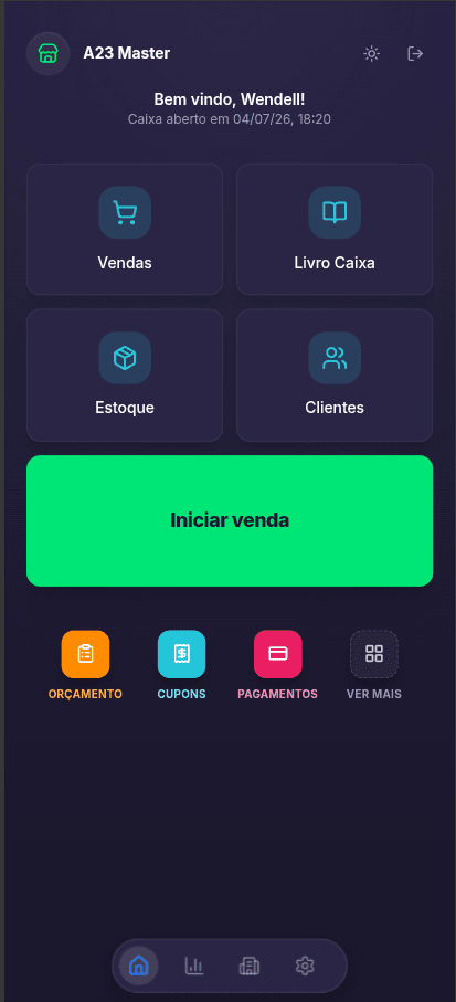 Painel Systo no celular com vendas, caixa, estoque e clientes